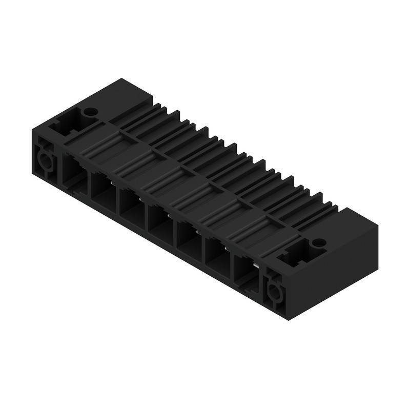 Ein schwarzer, rechteckiger Kunststoffverbinder mit mehreren horizontalen Schlitzen, der zum Zusammenbau von modularen Blöcken oder Platten entwickelt wurde.