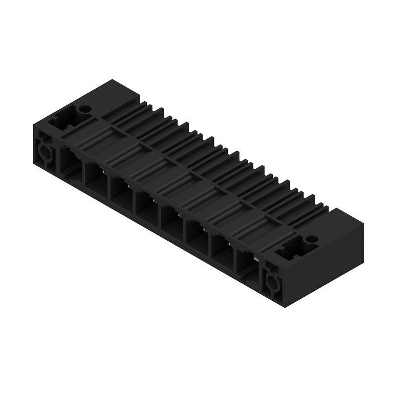 Ein schwarzer, rechteckiger Anschluss mit mehreren Steckplätzen, der typischerweise in elektronischen Leiterplatten zur Verbindung verschiedener Komponenten verwendet wird.