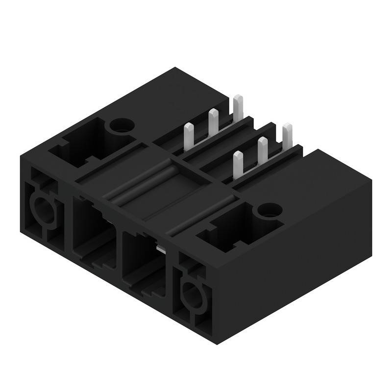 Ein schwarzer rechteckiger elektrischer Anschluss mit mehreren Metallstiften auf einer Seite und Schlitzöffnungen, der zum Verbinden elektronischer Bauteile verwendet wird.