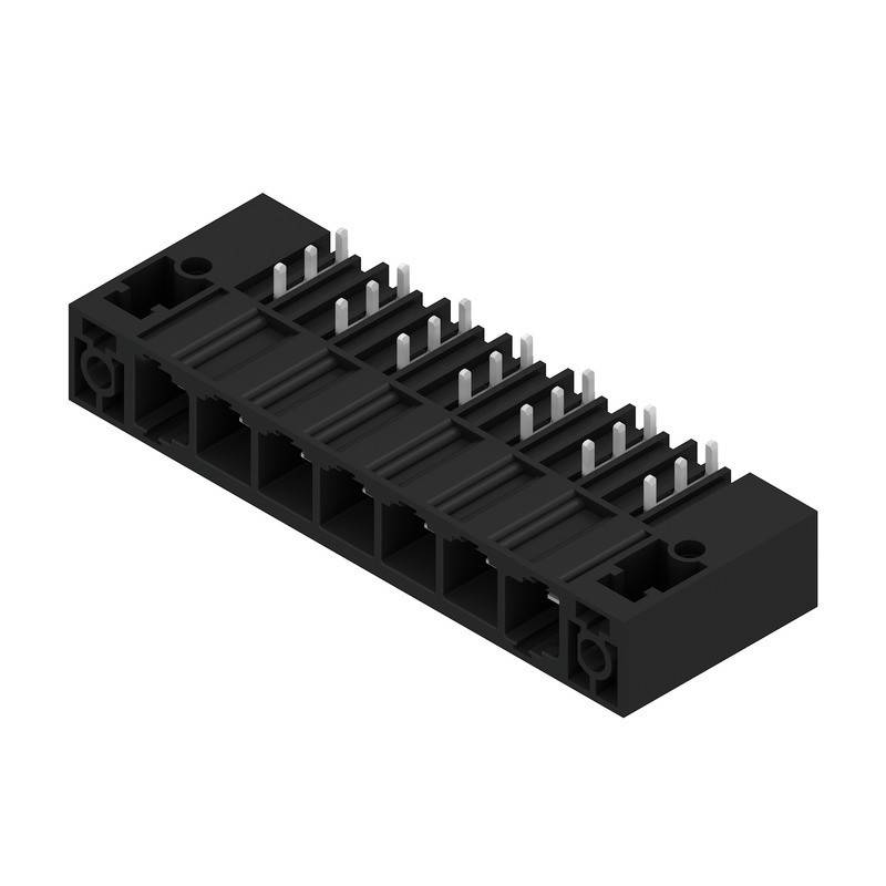 Ein schwarzer elektronischer Steckverbinder mit mehreren Pins, der für Leiterplattenanschlüsse konzipiert ist und eine rechteckige Form mit seitlichen Halterungen aufweist.