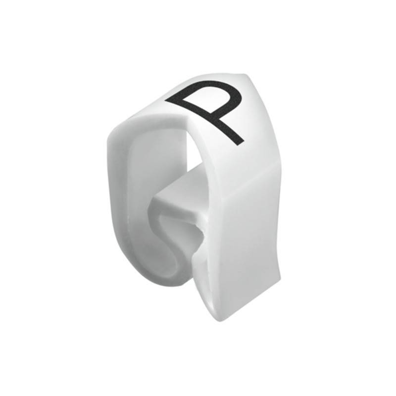 Eine weiße Plastikklammer mit einem schwarzen Buchstaben 'R', die zum Organisieren oder Identifizieren von Kabeln oder Leitungen verwendet wird.