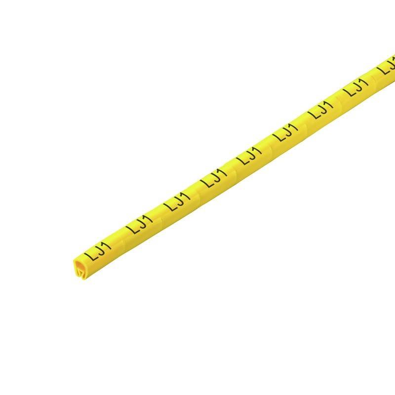 Ein gelber Plastik-Kabelschilder mit den Buchstaben 'LJ1', die entlang seiner Länge wiederholt werden, dient zur Identifizierung und Organisierung von Kabeln.