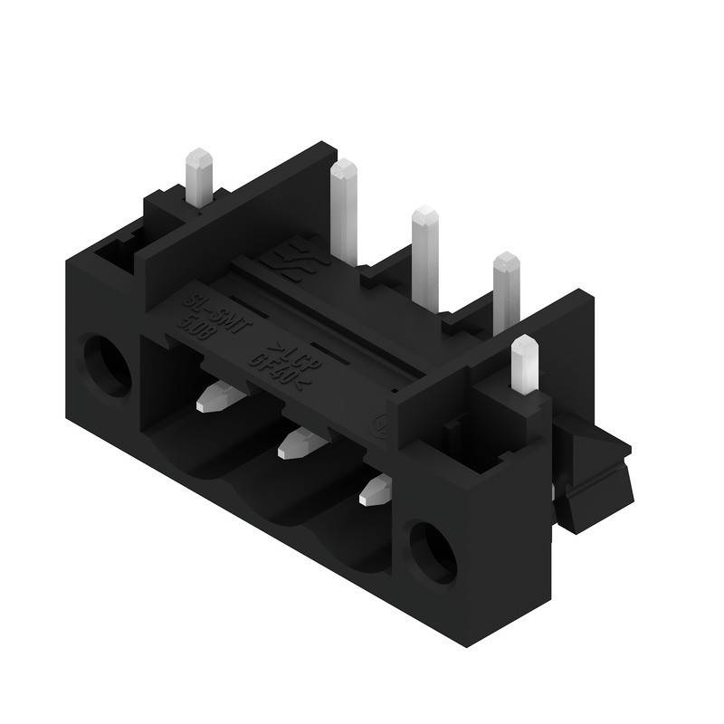 Ein schwarzes elektronisches Verbindungsbauteil mit mehreren Metallkontakten, wahrscheinlich für Leiterplattenanschlüsse verwendet.