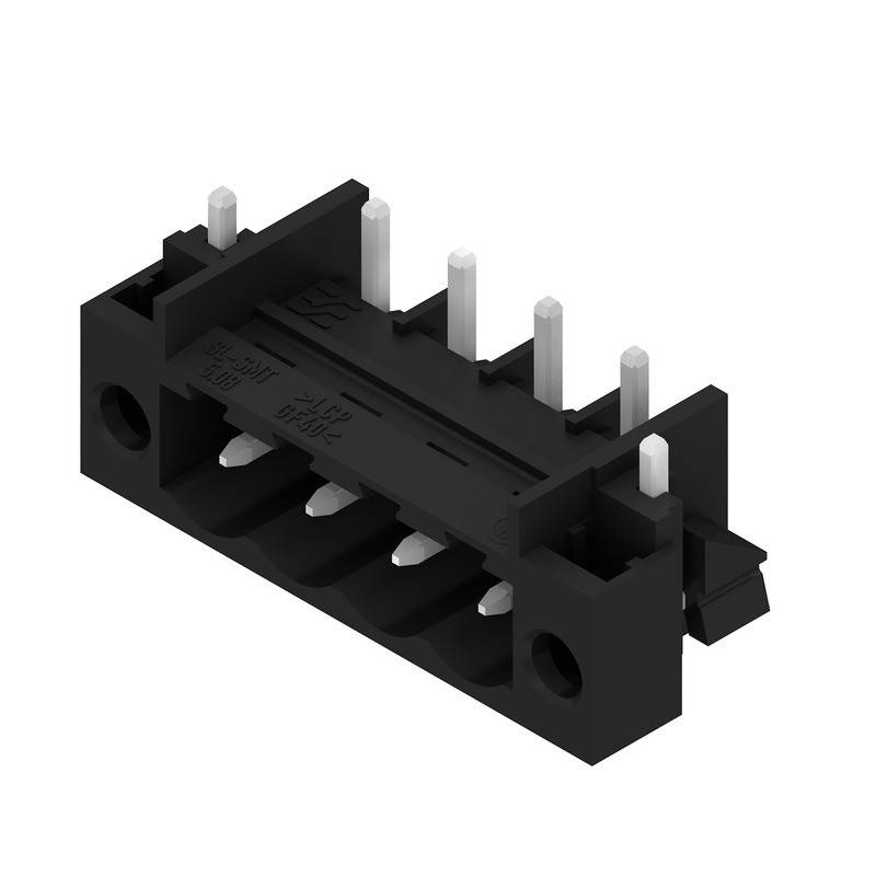 Ein schwarzer elektrischer Steckverbinder mit fünf Metallstiften und einer Reihe von fünf Buchsen, der zur Verbindung von Schaltkreisen in elektronischen Geräten verwendet wird.