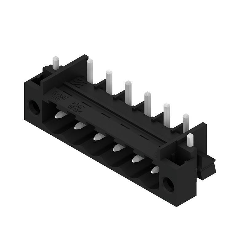 Ein schwarzer 6-poliger Stecker mit silbernen Stiften, die von oben herausragen und für elektronische Bauteile oder Schaltkreise konzipiert sind.