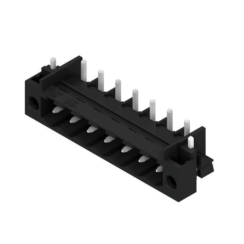 Ein schwarzer Kunststoff-Elektronikverbinder mit neun Metallstiften, die an der Oberseite hervorragen, verwendet zum Verbinden von elektronischen Komponenten.