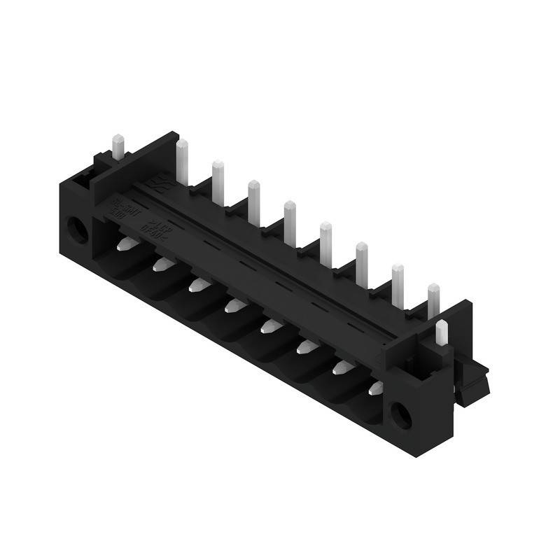 Ein schwarzer 10-poliger weiblicher Steckverbinder mit vertikalen Pins, der häufig in elektronischen Leiterplatten für Verbindungen verwendet wird.