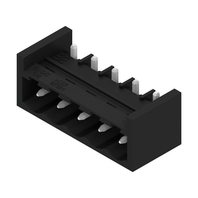 Ein schwarzer elektronischer Anschluss mit mehreren Pins, aus einem Winkel betrachtet, mit Ansichten von oben und der Seite.