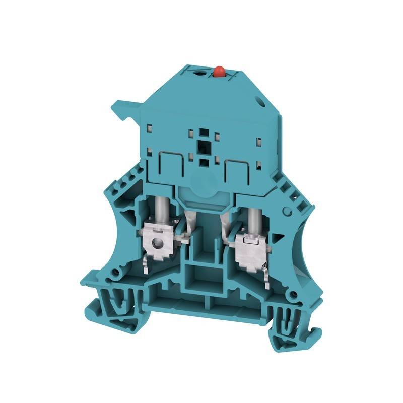 Türkiser Elektro-Anschlussblock mit doppelten Anschlussslots und einem roten Knopf oben, verwendet für sichere Verkabelung in elektrischen Systemen.