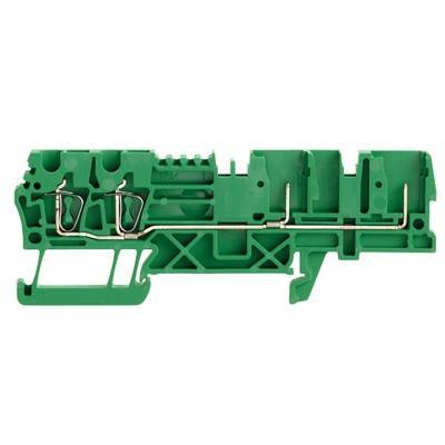 Ein grüner Industrieklemmenblock mit Metallverbindern und Schraubklemmen, verwendet zum sicheren Anschluss von elektrischen Leitungen.