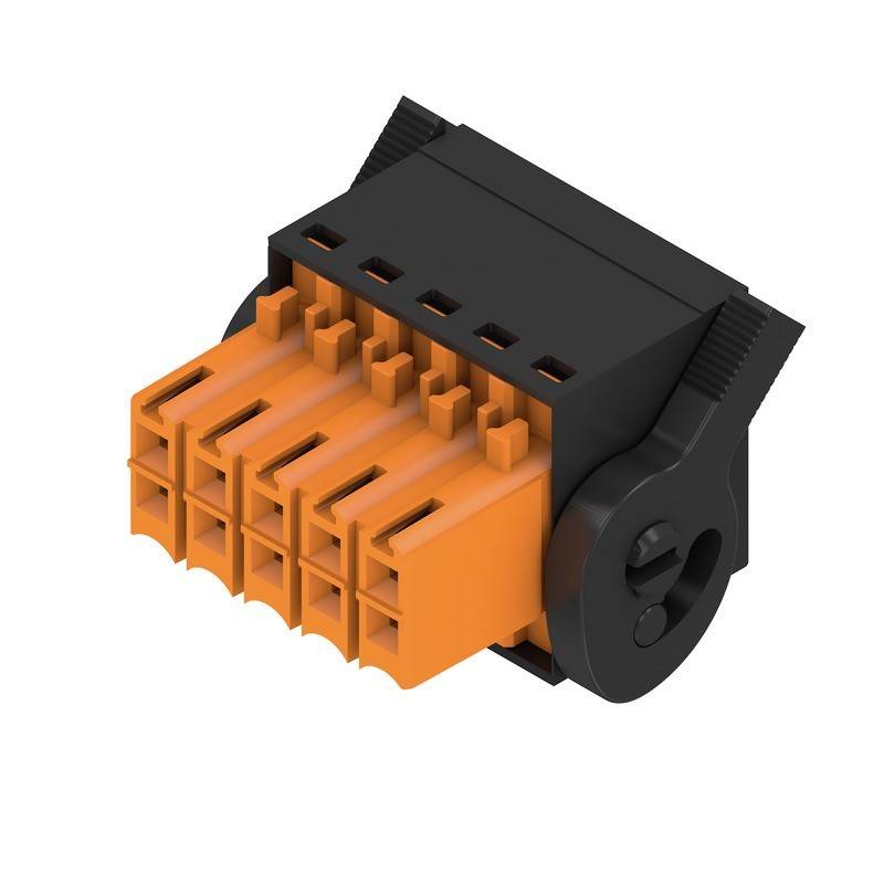 12-poliger Terminalblock-Verbinder mit orangefarbener und schwarzer Gehäuseverkleidung, aus der Frontansicht, mit Anschlüssen für elektrische Verbindungen dargestellt.