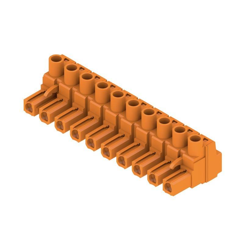 Orangefarbener elektrischer Klemmenblock mit mehreren Anschlusspunkten, verwendet für Verkabelung und elektrische Installationen.
