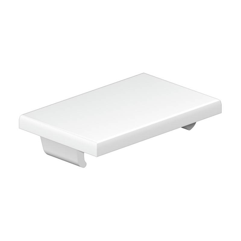Ein weißes, rechteckiges Regal mit schlichtem, modernem Design, das von zwei kleinen Halterungen darunter gestützt wird.