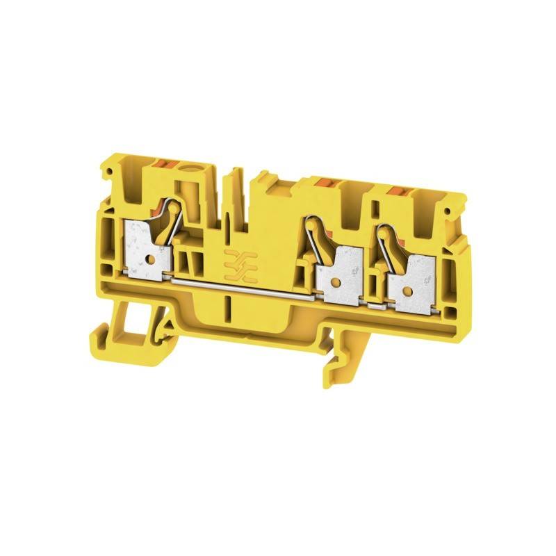 Ein gelber zweistufiger Klemmenblock, der für elektrische Verbindungen verwendet wird und zwei Anschlusspunkte sowie Metallkontakte zeigt.