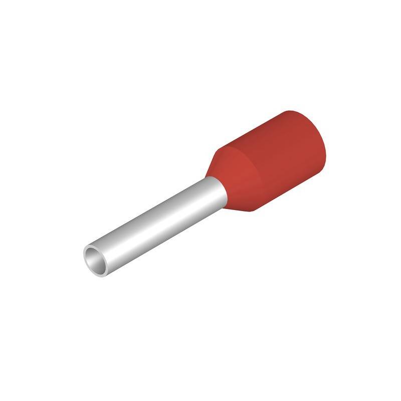 Eine rote isolierte Aderendhülse mit einer Metallcrimpröhre, die zum sicheren Verbinden von elektrischen Drähten in Schaltkreisen und Anschlüssen verwendet wird.