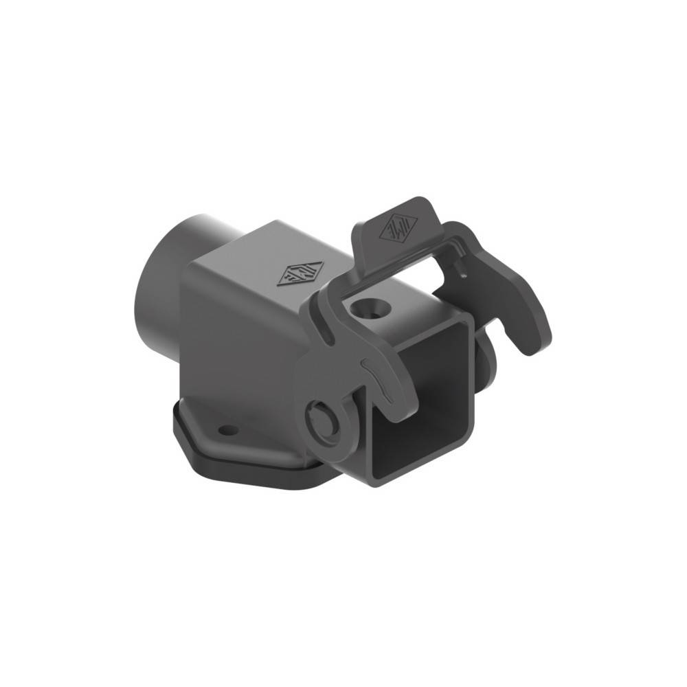 Ein 3D-gerendertes Bild einer grauen mechanischen Komponente mit einer quadratischen Öffnung und zwei scharnierähnlichen Erweiterungen oben, die in der Fertigung verwendet wird.