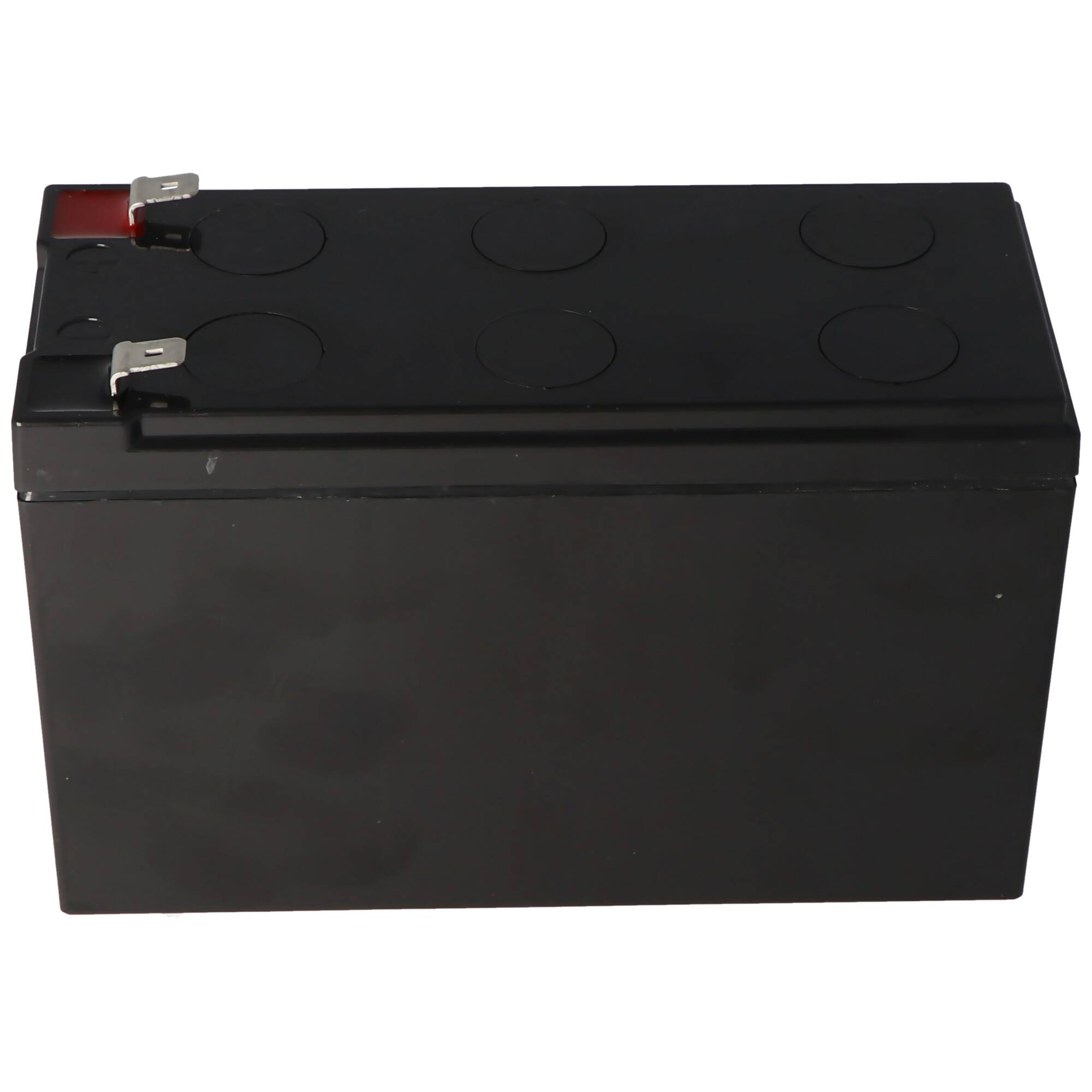 Schwarze rechteckige wiederaufladbare Batterie mit zwei Metallklemmen oben.