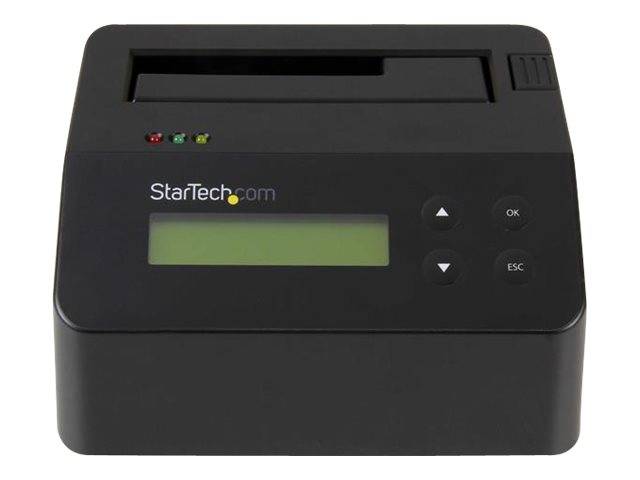 Black StarTech.com Gerät mit LCD-Display, Statusleuchten, Papiereinzug und Pfeilen-, OK- und ESC-Tasten, auf weißem Hintergrund dargestellt.