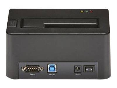 Schwarzer Desktop-Bondruckerd von hinten gezeigt, mit Serien- und USB-3.0-Anschlüssen, 12-V-Netzbuchse und Netzschalter.