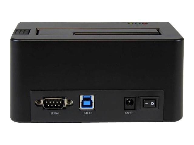 Schwarzes externes Gerät oder Dockingstation mit vorderen Anschlüssen: Seriell, USB 3.0, 12V-Stromeingang und Schalter.