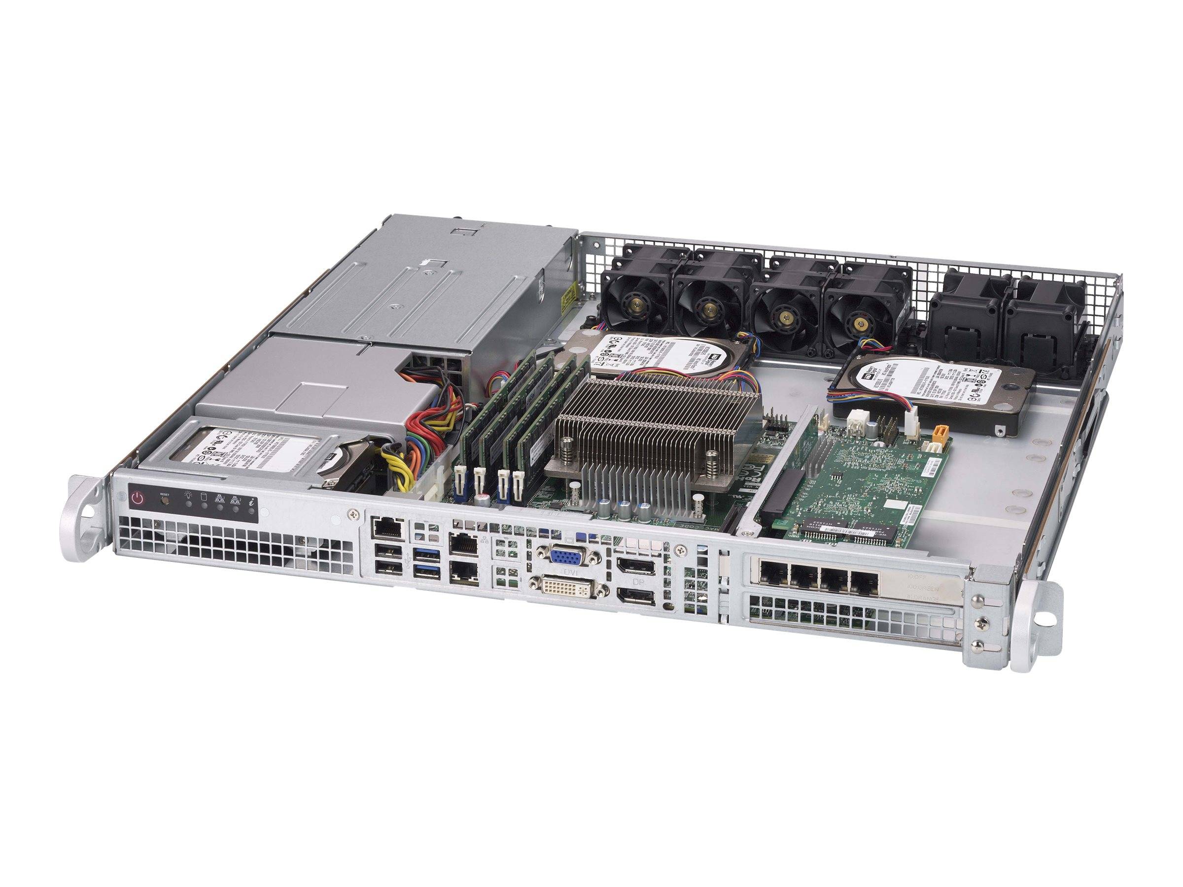 Offenes Server-Gehäuse mit sichtbarer interner Hardware: Motherboard, CPU-Kühlkörper, Laufwerke, Lüfter, Stromversorgung und hintere Ein-/Ausgabeanschlüsse.