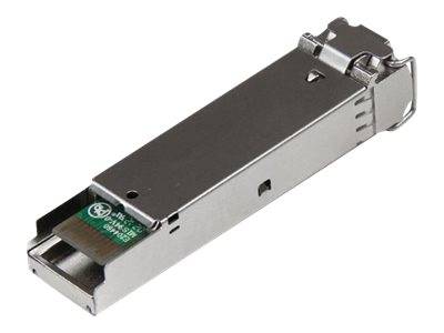 Kleines Metall-Optiktransceiver-Modul mit sichtbarer Leiterplatte an der Vorderseite, dargestellt auf weißem Hintergrund.