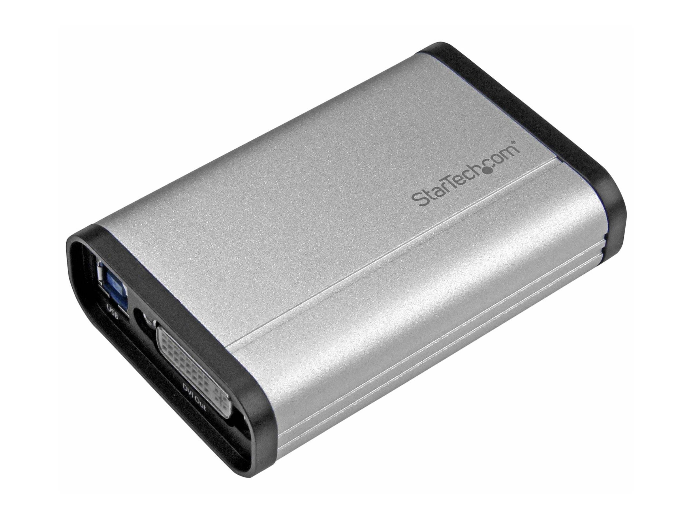 Silver StarTech USB-Adapter mit einem USB-Anschluss und einem VGA-ähnlichen Stecker auf der Vorderseite, dargestellt auf weißem Hintergrund.