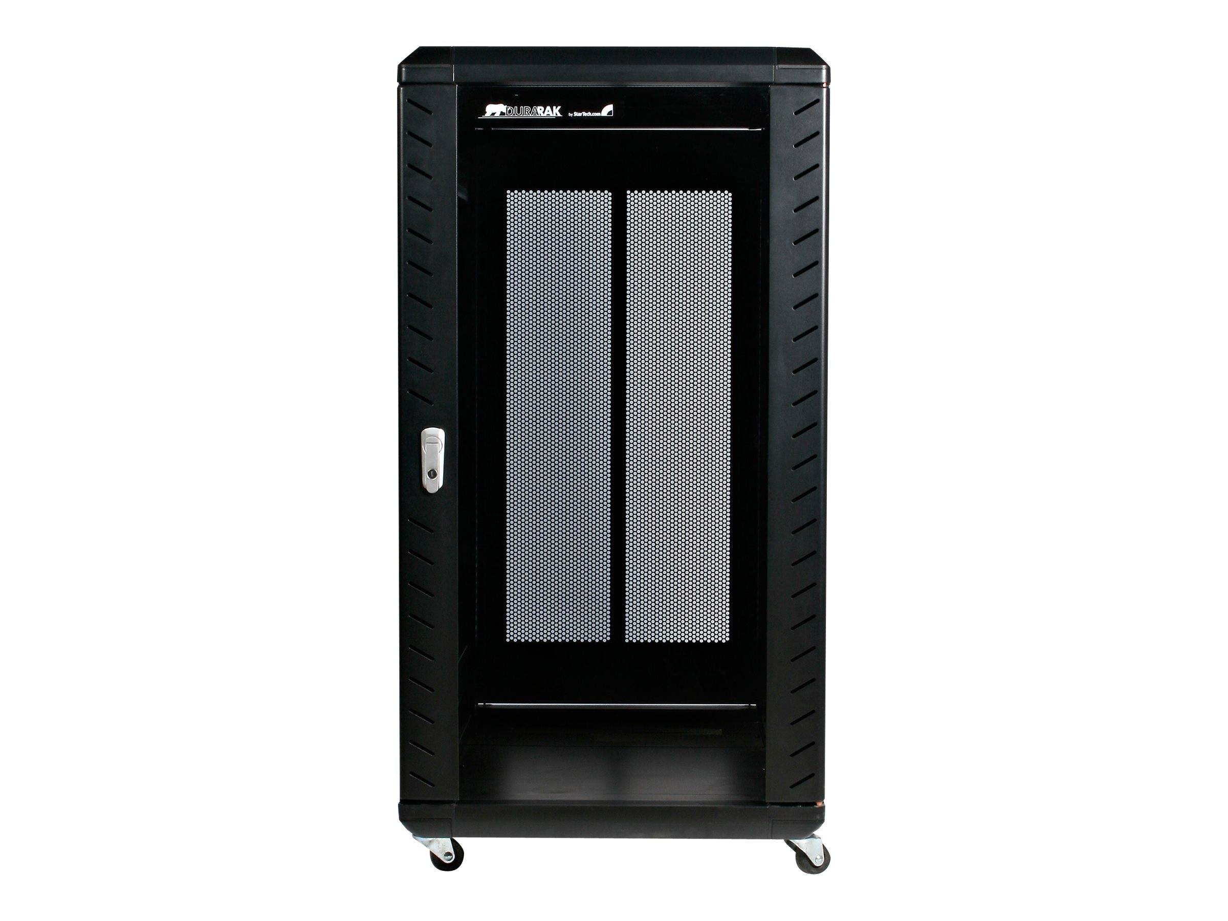 Schwarzes freistehend stehendes Server-Schrank-Rack mit zwei Maschendraht-Vordertüren und Lenkrollen, gezeigt auf weißem Hintergrund.