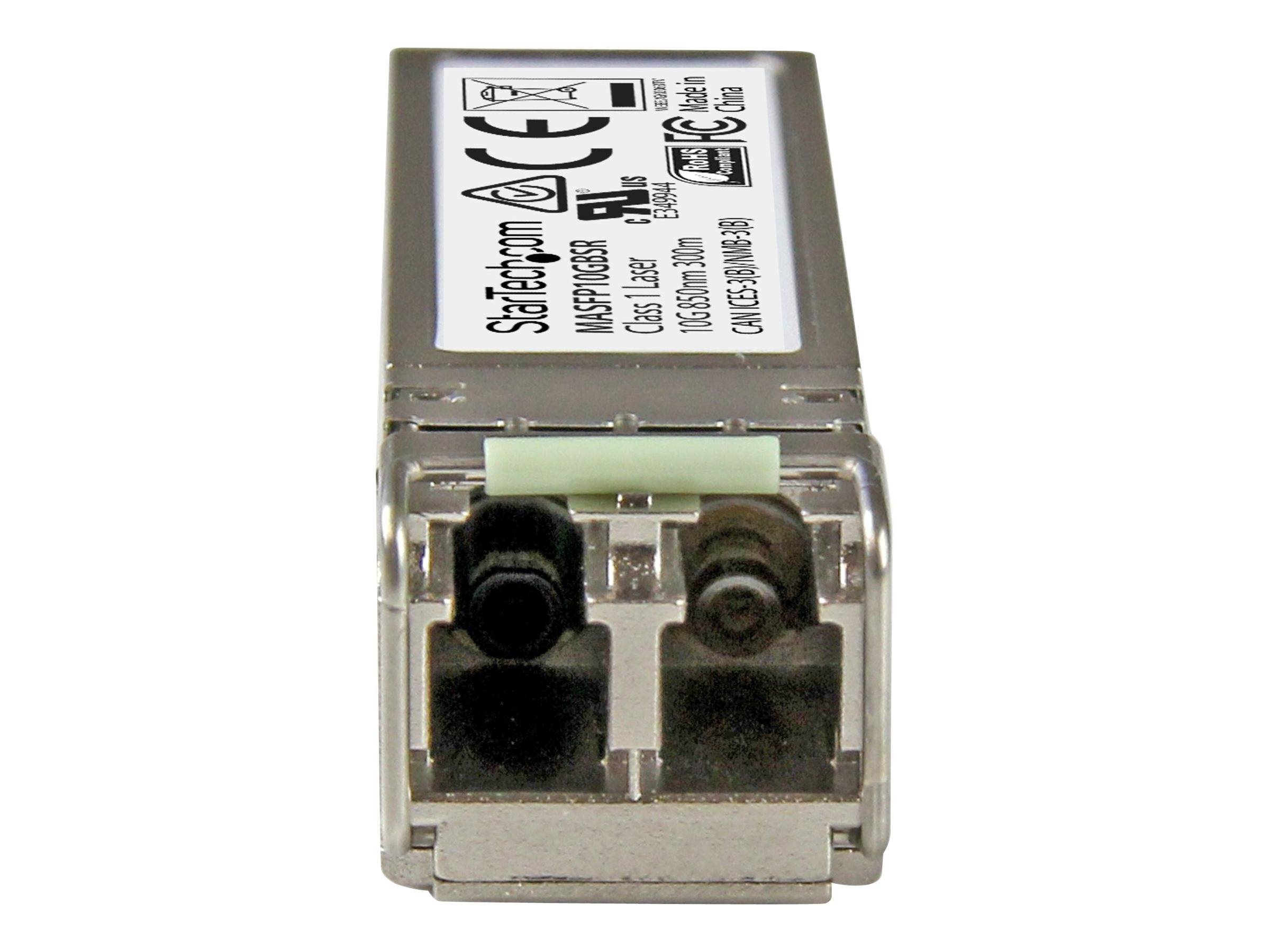 Nahaufnahme eines StarTech.com LC-Glasfaser-Transceiver-Moduls mit zwei vorderen optischen Anschlüssen.