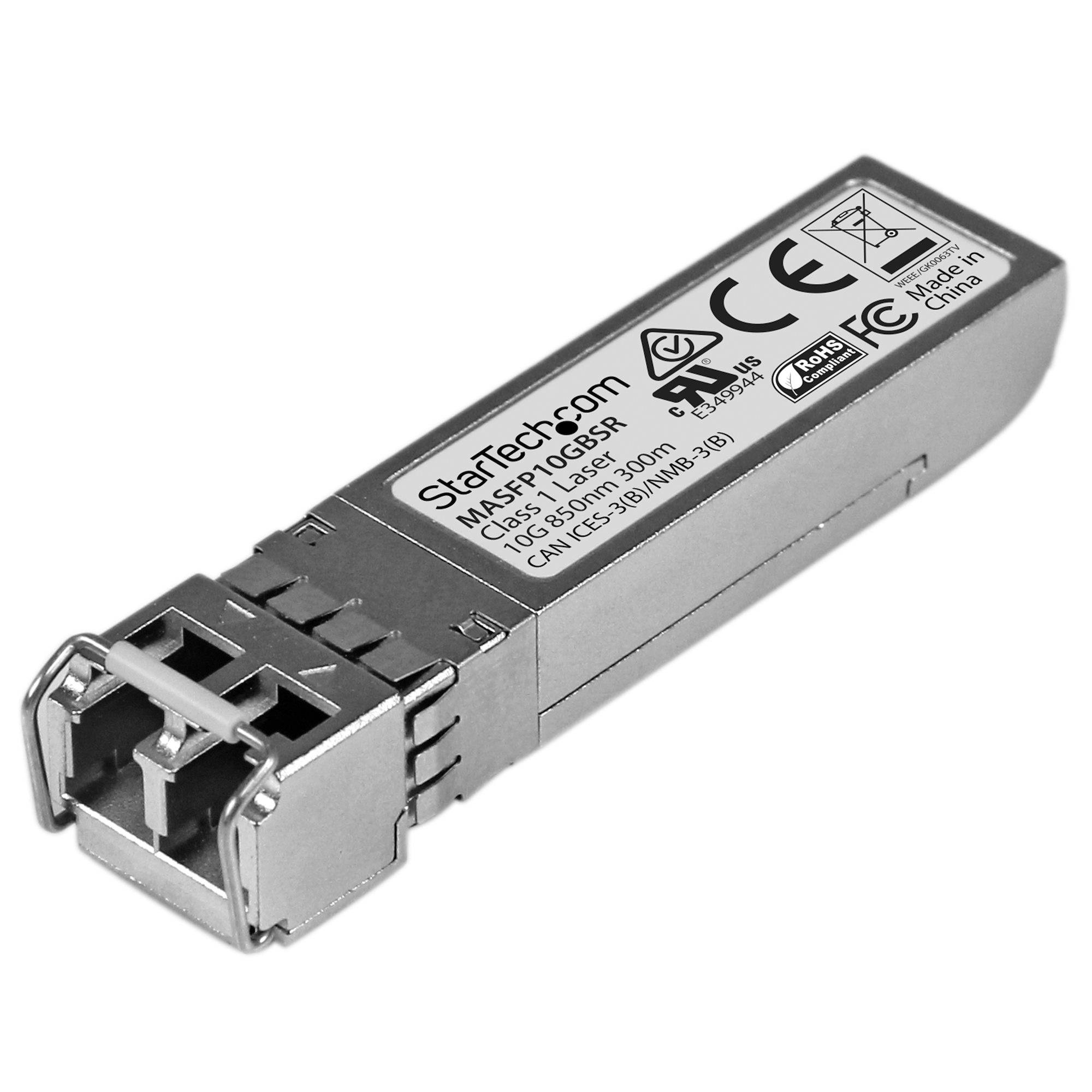 StarTech.com Faseroptik-SFP-Transceiver-Modul auf weißem Hintergrund, gekennzeichnet mit 1 Gbps, 850 nm, LC-Stecker