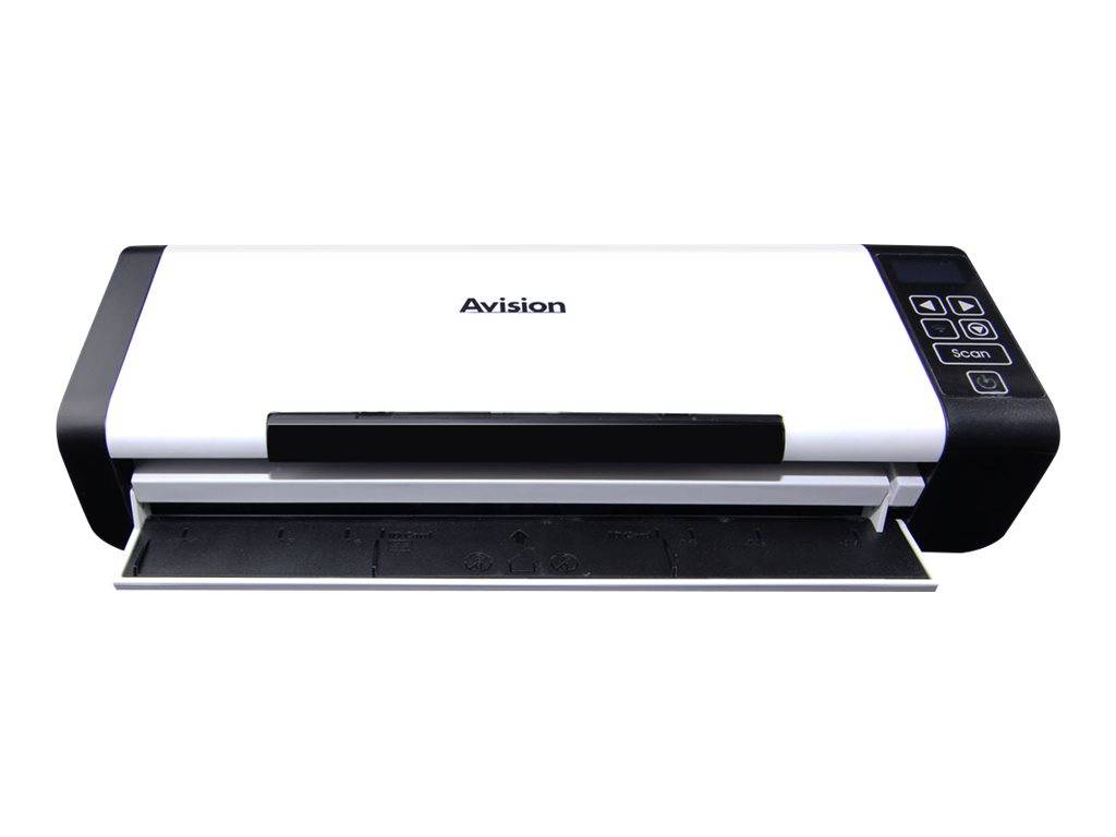 Avision-Dokumentenscanner mit Papiereingabefach und Steuertasten, frontal auf weißem Hintergrund abgebildet.