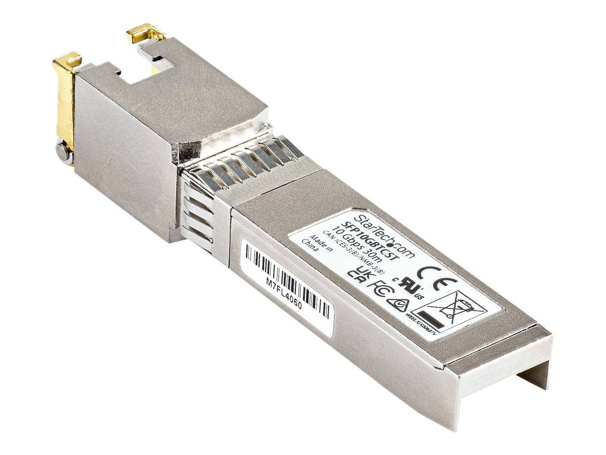 Ein kleines Silber-SFP-Transceiver-Modul mit Zuglasche, das für Glasfaser-Netzwerkverbindungen verwendet wird.