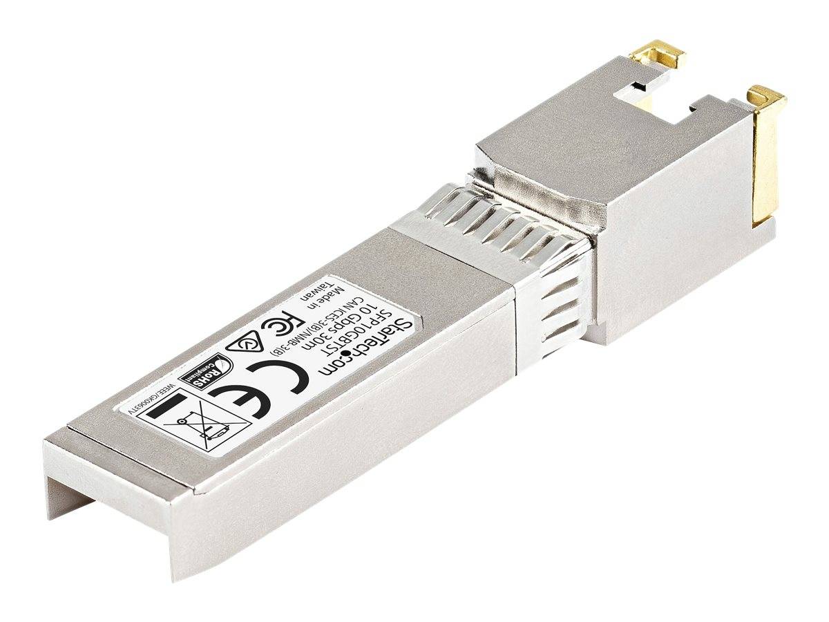 Silber-SFP-Optiktransceiver-Modul mit vergoldeten Stiftanschlüssen, dargestellt auf weißem Hintergrund.
