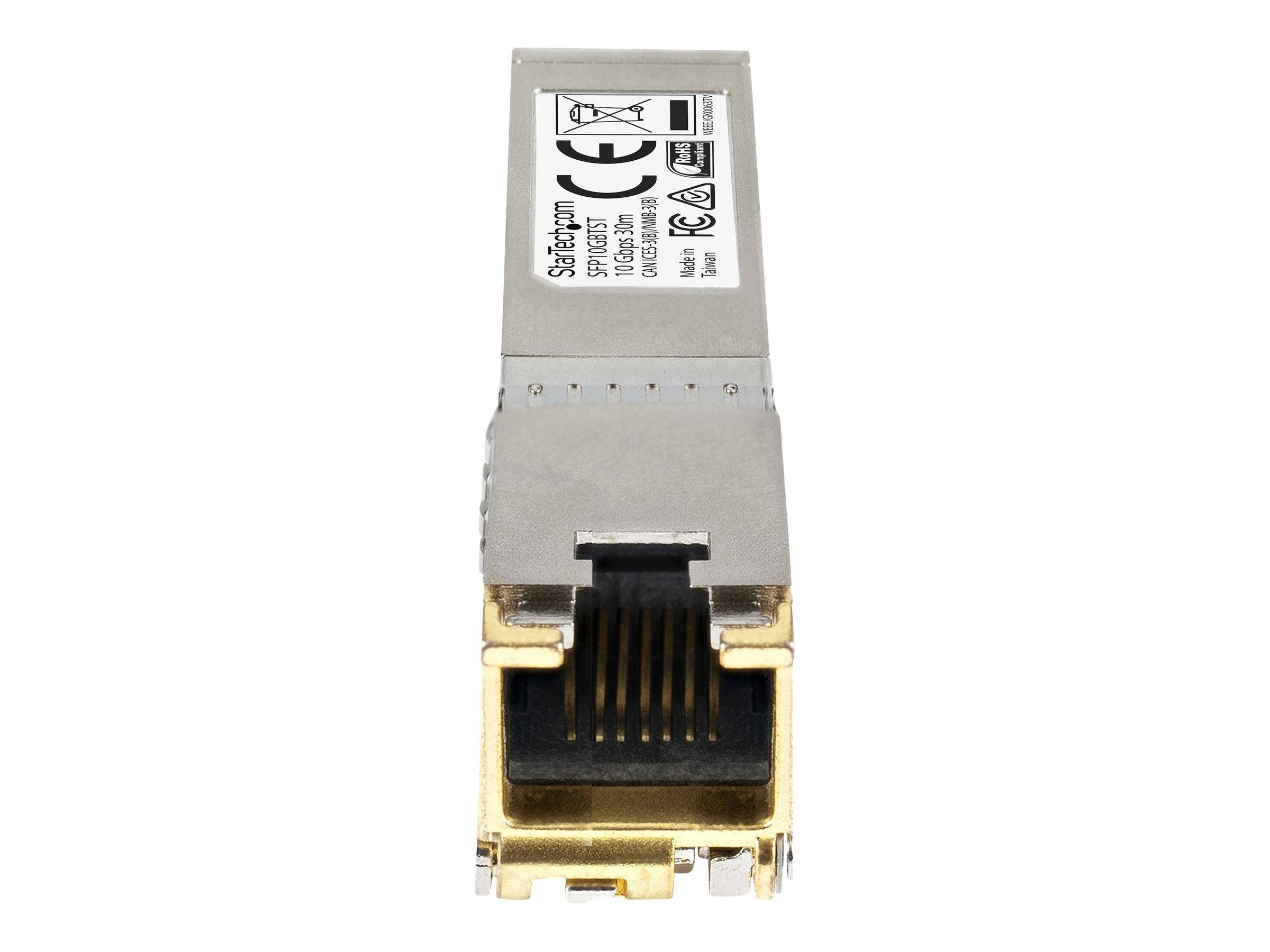 Nahaufnahme eines Cisco SFP-Transceiver-Moduls, ein kleines Netzwerk-Steckmodul mit einem RJ-45-Anschluss.