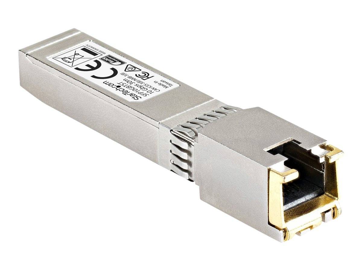 Silberfarbenes SFP-Transceiver-Modul mit Metallgehäuse und RJ45-ähnlichem Anschluss für Netzwerkverbindungen.