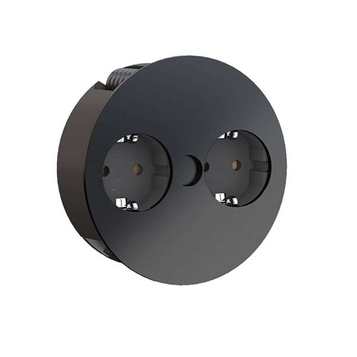 Runde schwarze Doppel-Elektrosteckdose mit zwei kreisförmigen Steckplätzen und einem zentralen Befestigungsloch, dargestellt auf weißem Hintergrund.