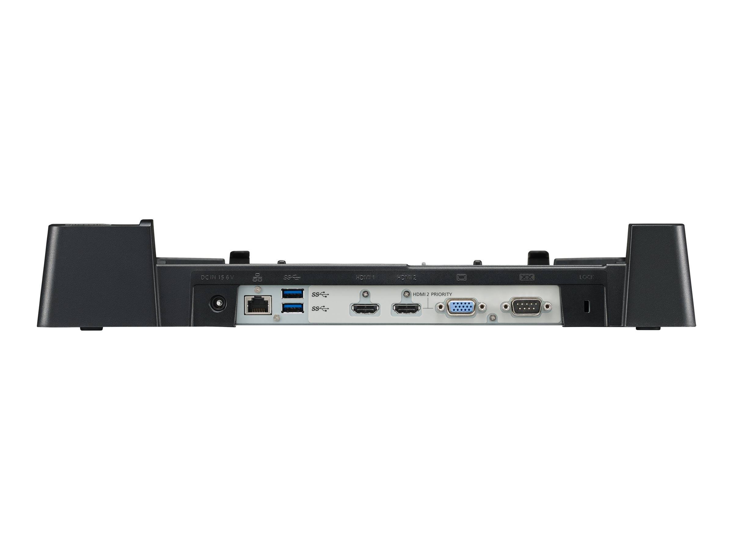 Rückansicht eines schwarzen elektronischen Geräts mit Anschlussanschlüssen: Ethernet, doppelte USB, HDMI, Audio, VGA und serielle Steckverbinder.