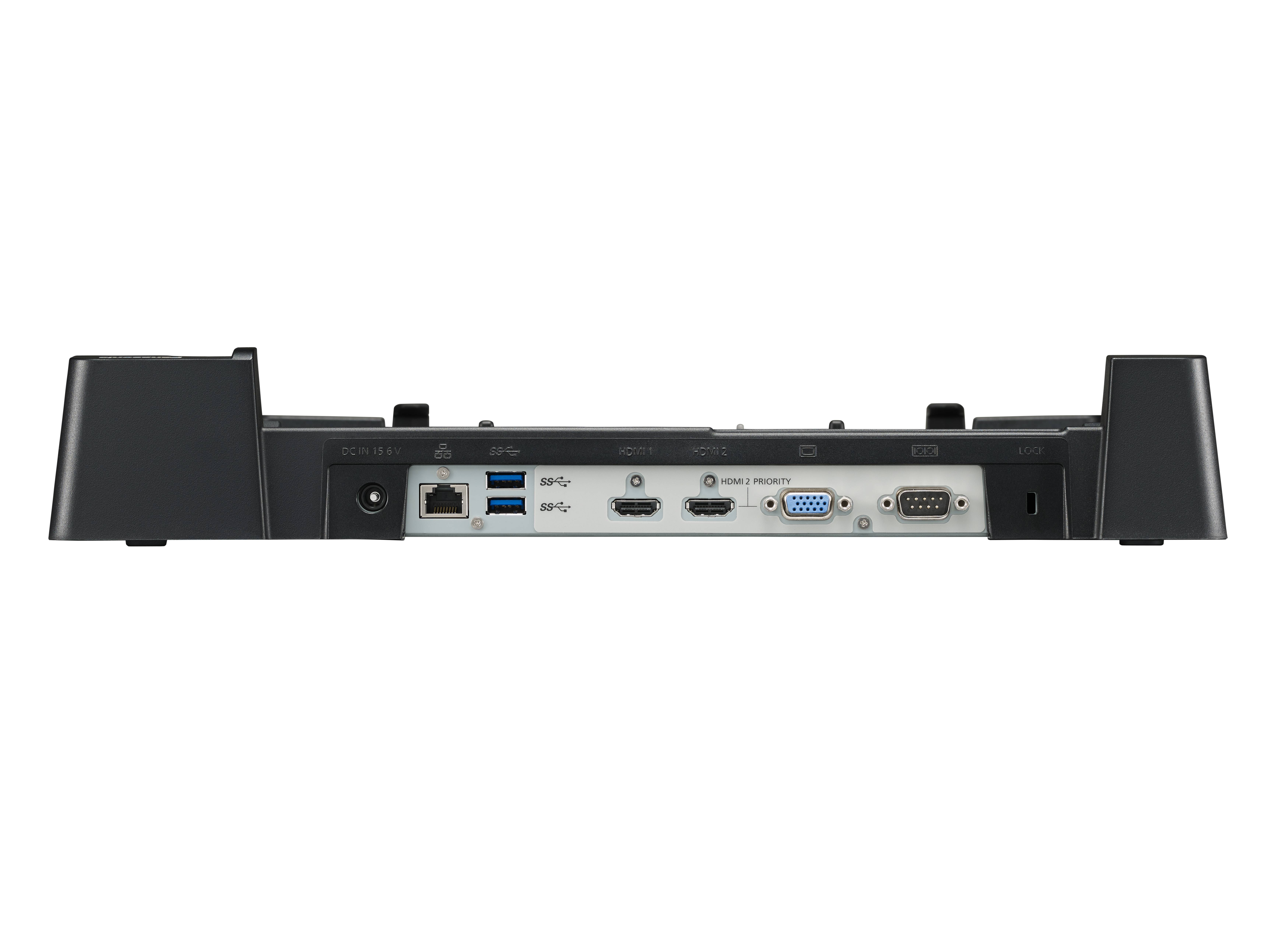 Rückansicht einer Dockingstation mit Anschlüssen: Ethernet, zwei USB 3.0, Audio, HDMI, VGA und serielle Verbindungen.