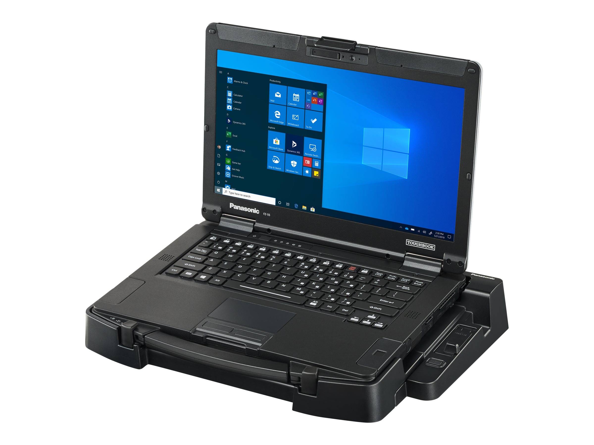 Robuster Panasonic Toughbook Laptop, auf Windows 10 geöffnet, gezeigt in einer schützenden Dockingstation.
