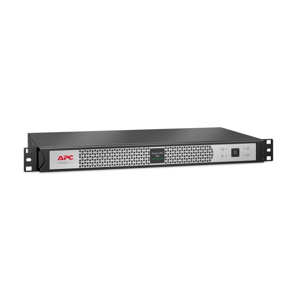 Ein schwarzer APC Smart-UPS mit Frontbedienungselementen und Statusanzeige, konzipiert für kompakte Rack-Installation und Stromversorgungssicherung.