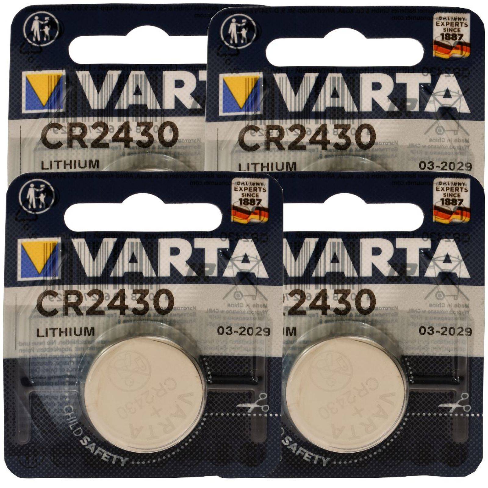 4x Lithium Knopfzelle Batterie Varta Electronic CR2430 3V 1er Blister, 3V, Lithium