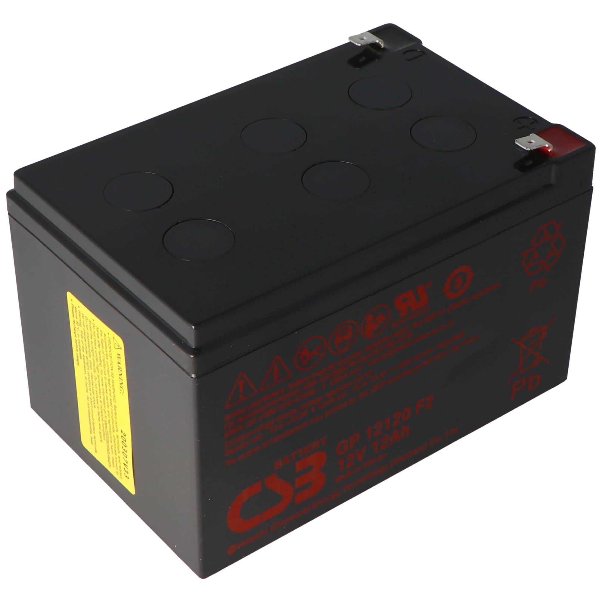 Schwarze rechteckige versiegelte Blei-Säure-Batterie mit rotem Warntext und gelbem Etikett, auf weißem Hintergrund dargestellt.
