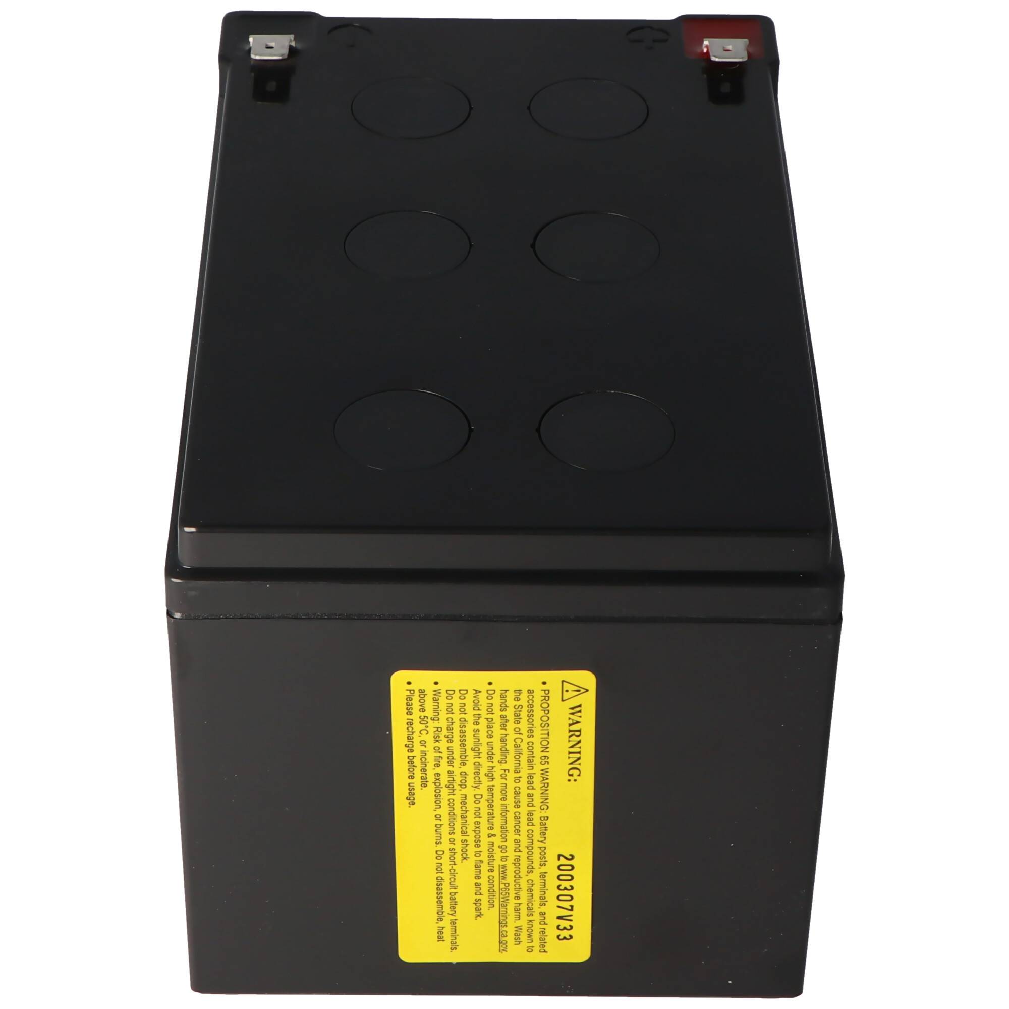 Schwarze rechteckige Batteriebox mit zwei Anschlüssen oben und einem gelben Warnschild auf der Vorderseite.