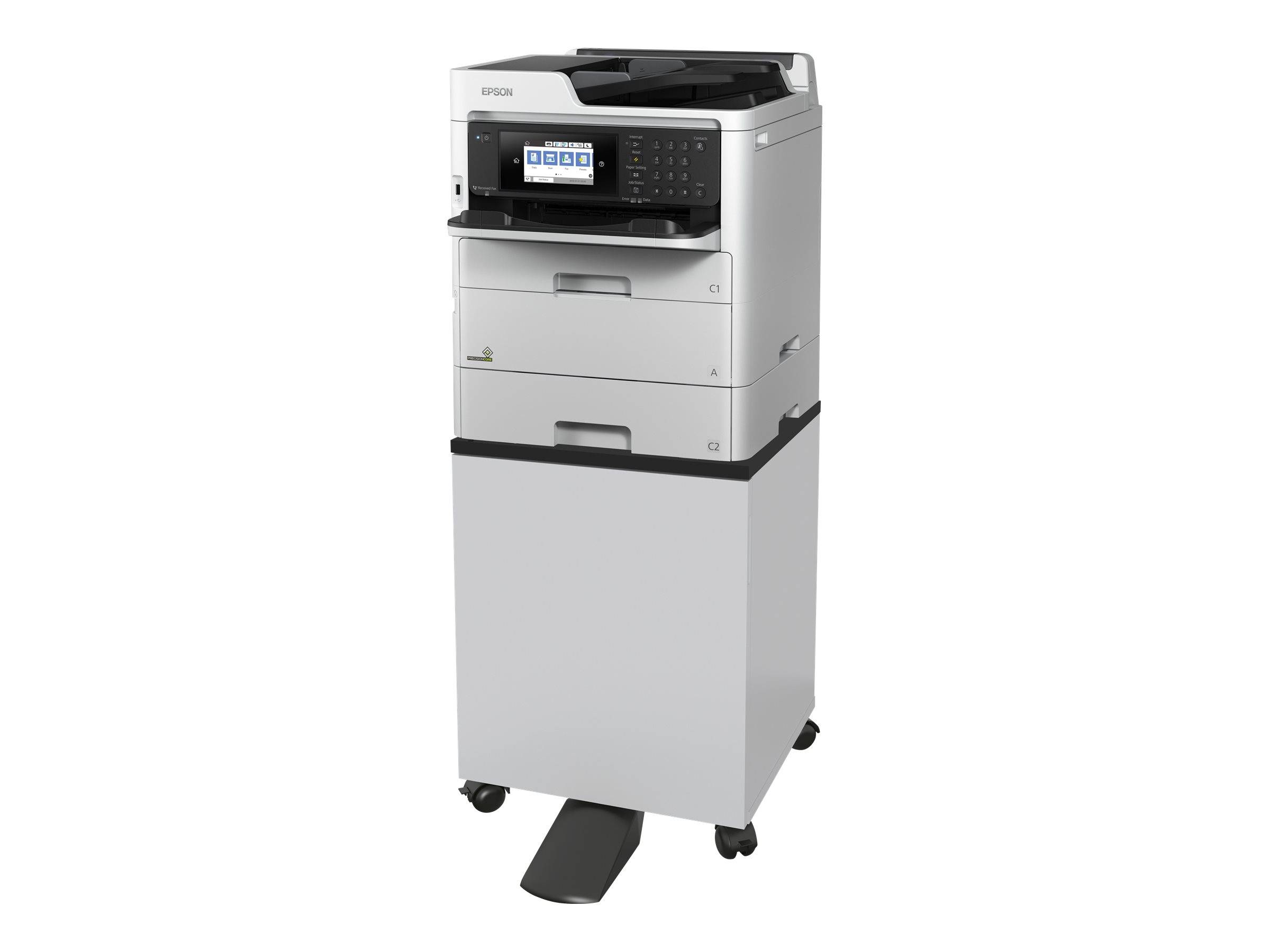 Multifunktionsdrucker/Kopierer für das Büro auf fahrbarem Ständer, Vorderansicht mit Touchscreen-Bedienfeld und Papierfach.