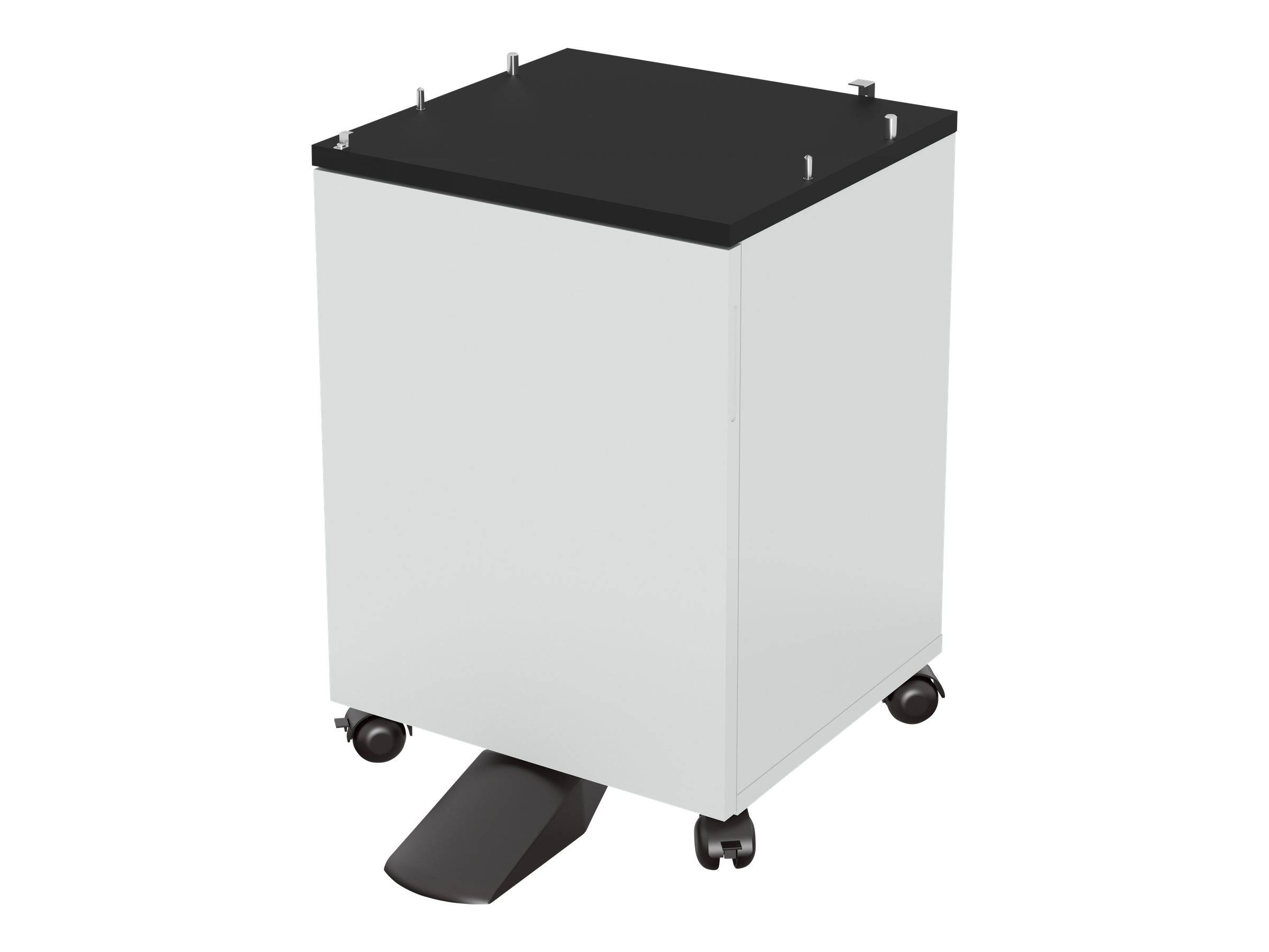 Weißer Rollschrank mit schwarzer Oberfläche und kleinen hervorstehenden Pfosten, gezeigt mit einer vorderen Fußpedale oder Rampe darunter.