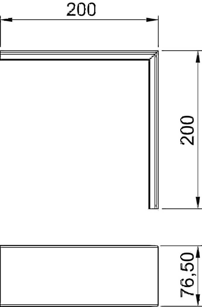 Technische Zeichnung eines rechten Winkels mit auf 200 markierten Maßen an der vertikalen Seite und der Oberseite.