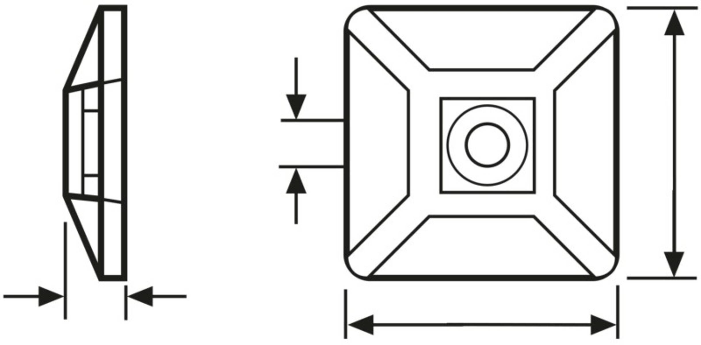Eine technische Zeichnung zeigt ein rechteckiges Objekt mit dimensionalen Pfeilen an jeder Seite, die Maße oder Teilplatzierung angeben.