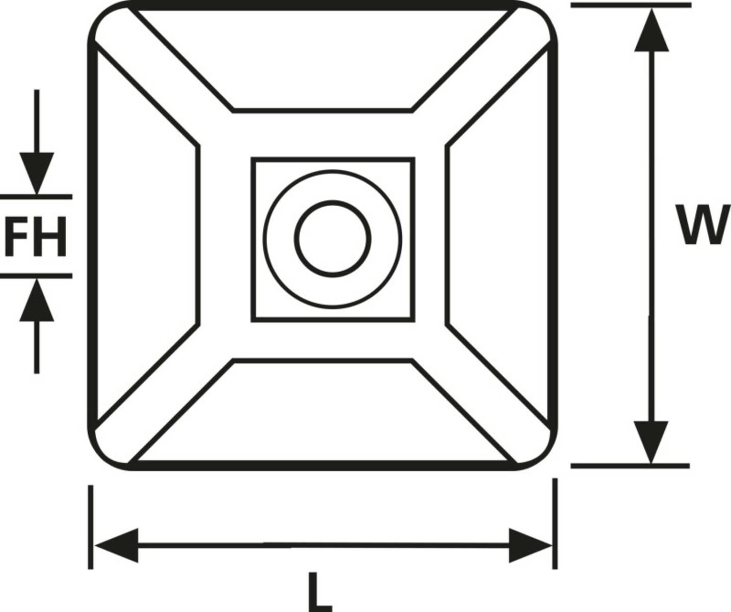 Technische Zeichnung eines quadratischen Bauteils mit Abmessungen, die als 'L' bezeichnet sind. Es weist ein zentrales kreisförmiges Detail und winklige Eckendesigns auf.