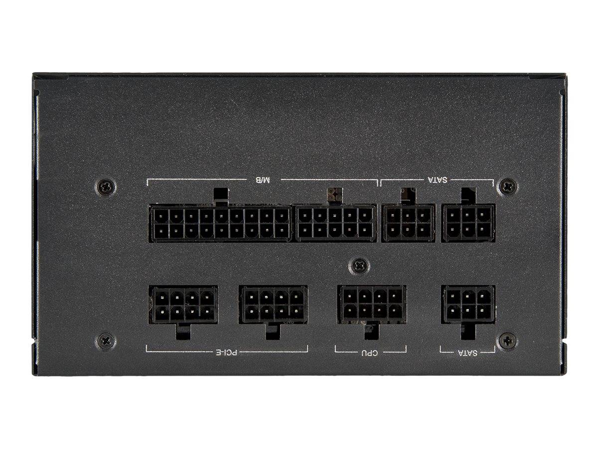 Rückseite eines Netzteils mit beschrifteten modularen Kabelanschlüssen für MB-, VGA-, CPU- und SATA-Stecker.