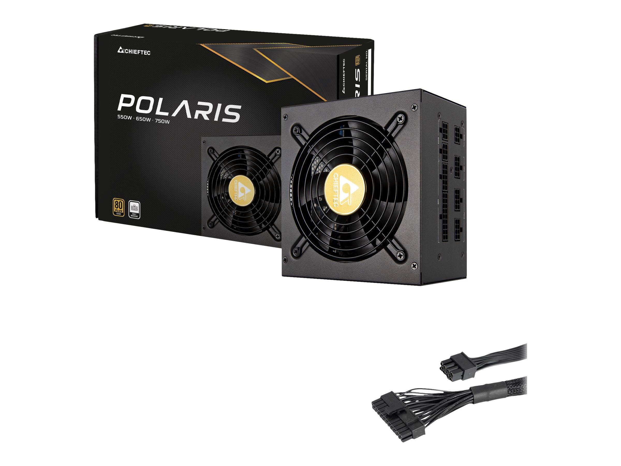 Zwei schwarze Polaris PC-Stromversorgungsgeräte mit Lüftern, neben der Produktbox abgebildet, mit modularen Stromkabeln darunter angezeigt.
